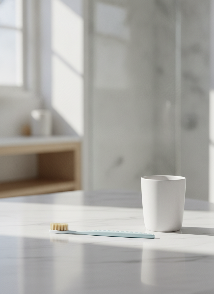 Miora wide-head toothbrush on a clean marble bathroom counter